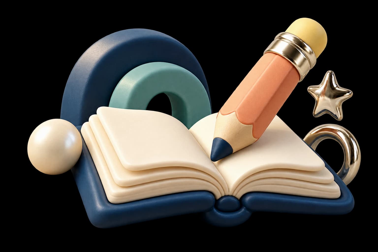 Libro abierto, lápiz y figuras de arcilla satinada con detalles cromados